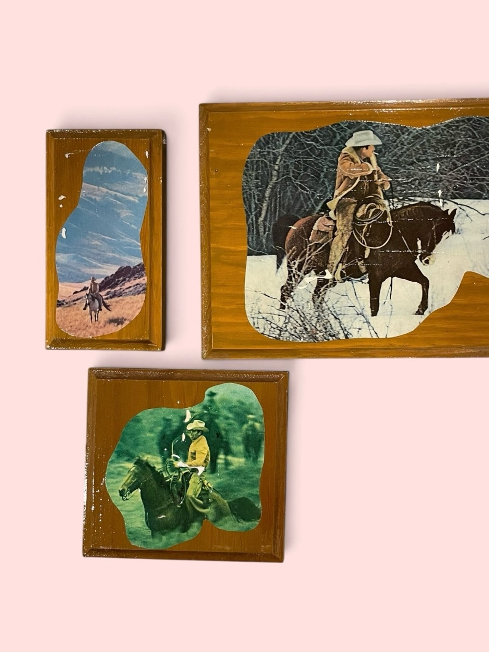 Vintage 80s cowboy western marlboro decoupage wood wall hanging set #4